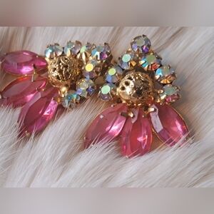 JULIANA  gorgeous pink and borealis rhinestones and gold earrings
